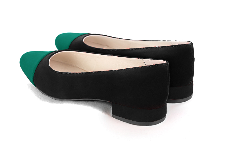 Emerald green and matt black women's ballet pumps, with low heels. Round toe. Flat block heels. Rear view - Florence KOOIJMAN